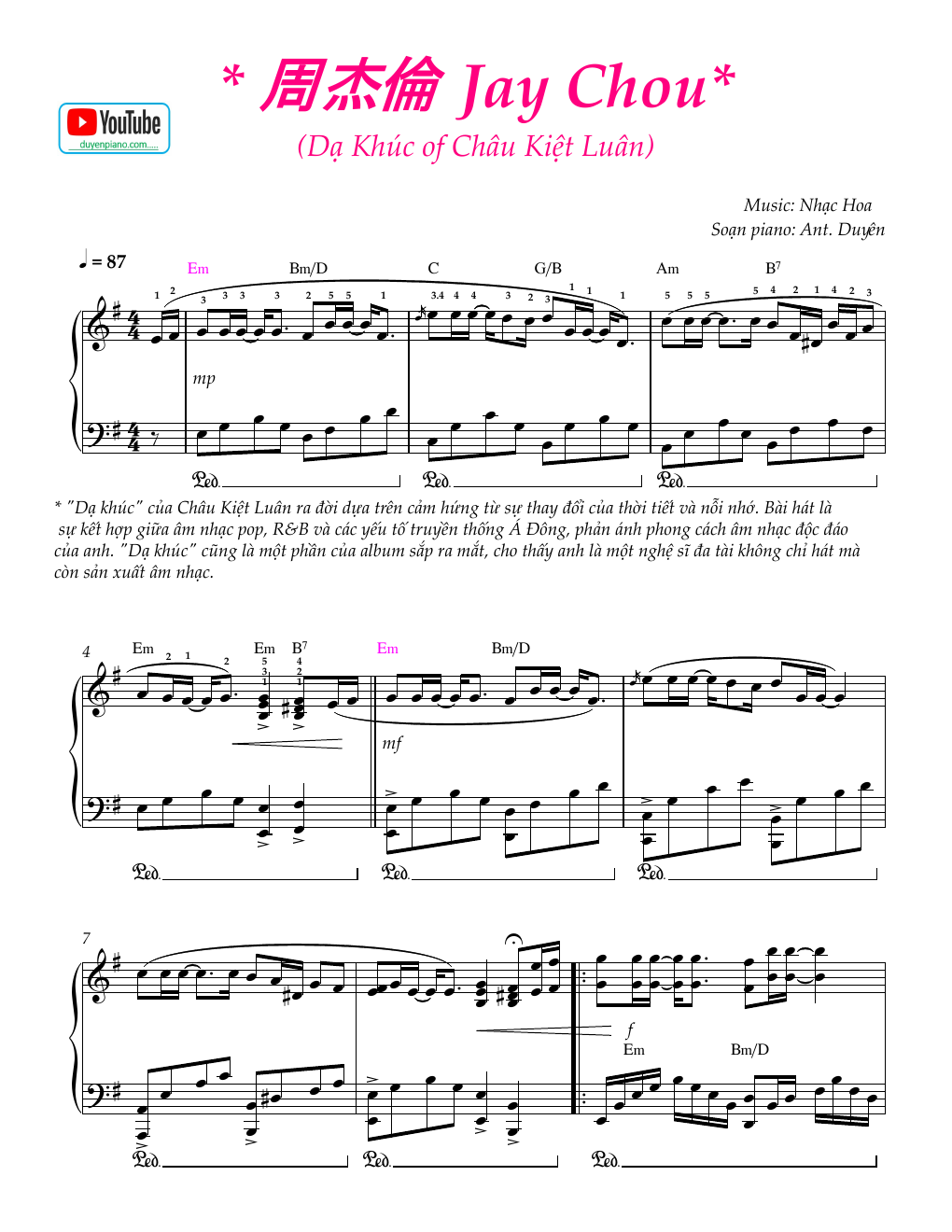 Dạ Khúc (châu kiệt luân) 周杰倫 Jay Chou free sheet pdf