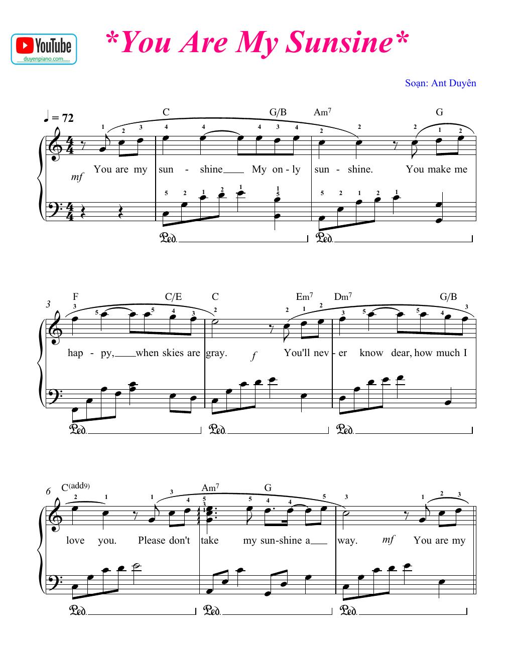 You are my sunshine - free sheet piano