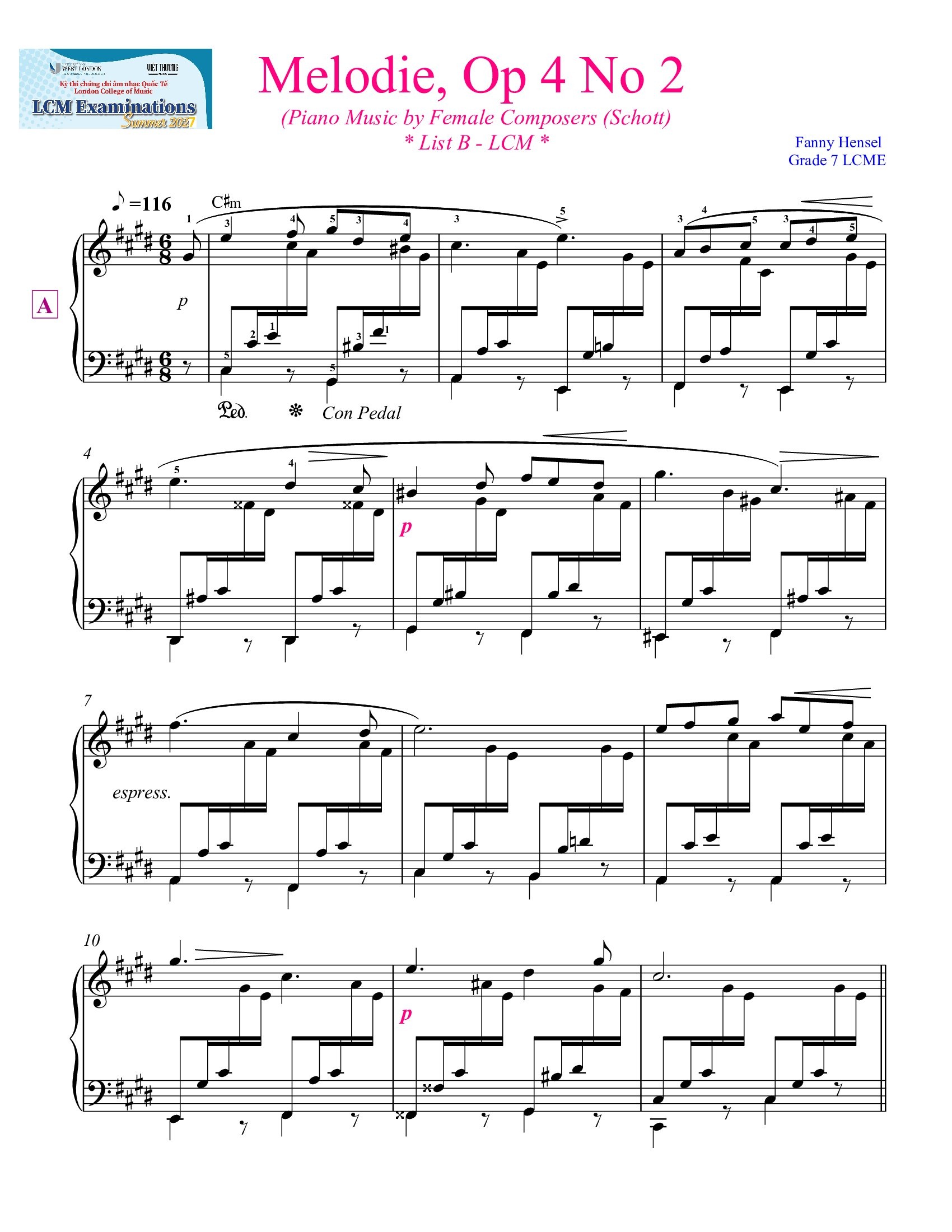Melodie in C#m Op 4, No.2 of Fanny Hensel - sheet pdf