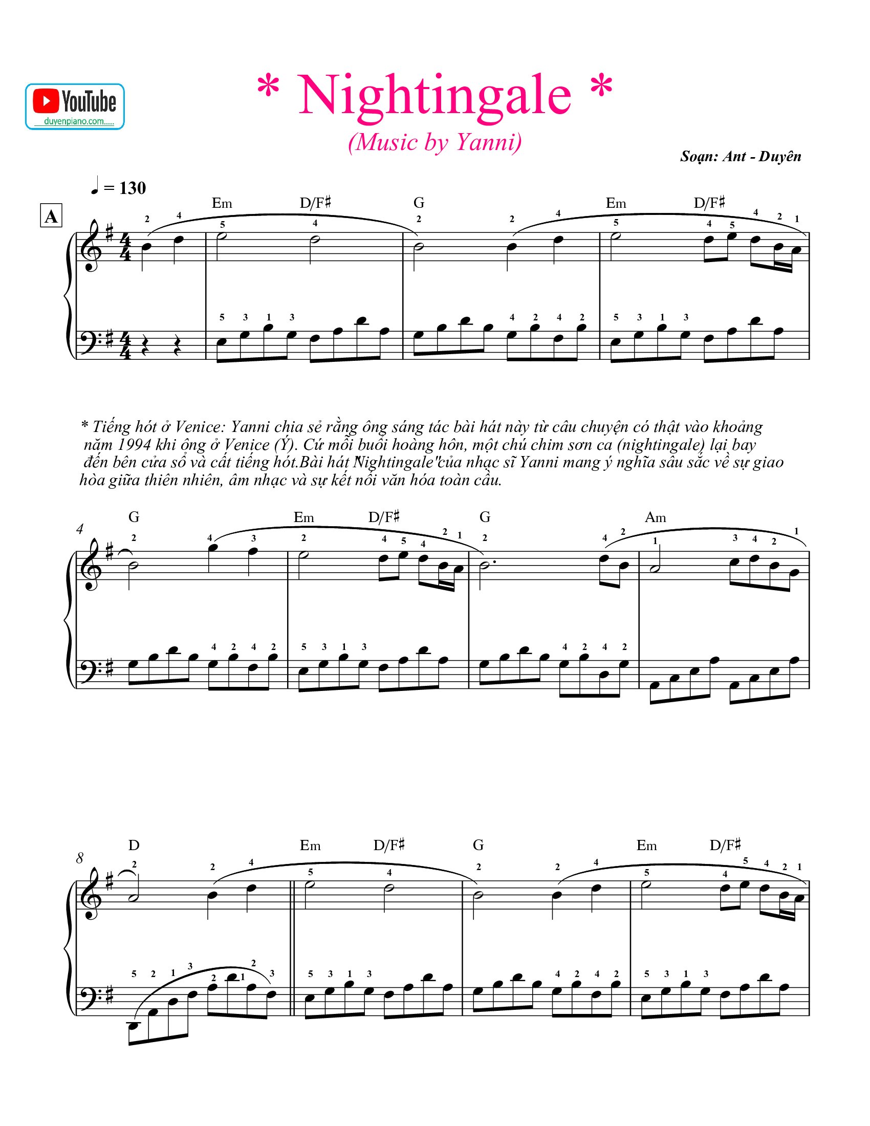 The best for piano ''Nightingale'' | Yanni Piano Cover (sheet pdf)